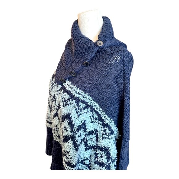 Free People NWOT Revolve Fair Isle Split Neck Wool Blend Sweater Navy/Light Blue - Picture 3 of 5